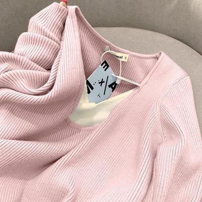 粉色假两件v领长袖T恤女春秋内搭慵懒打底宽松小个子休闲粉色上衣