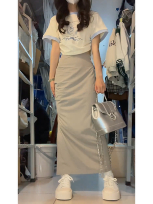 欧美式侧开叉纯色半身裙