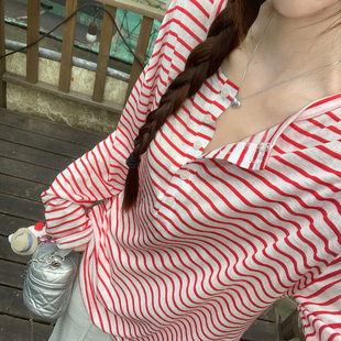 2025新款 T恤女设计感小众宽松休闲上衣ins潮 韩版 百搭显瘦条纹长袖