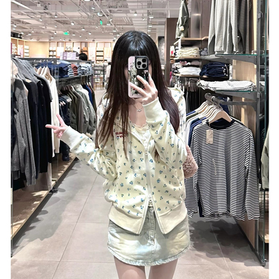 美式碎花短款连帽卫衣女春秋2024新款设计感灰色小众修身上衣外套