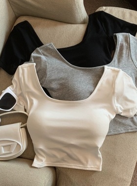 纯欲正肩方领短袖t恤女夏季辣妹交叉后美背带胸垫修身短款上衣ins