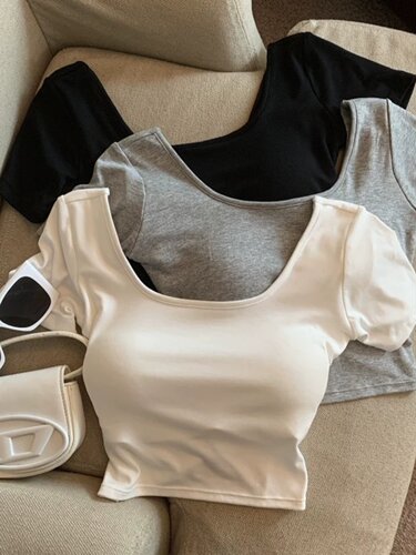 纯欲正肩方领短袖t恤女夏季辣妹交叉后美背带胸垫修身短款上衣ins