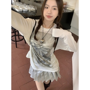 休闲宽松长袖 印花长袖 简约百搭时尚 微透薄款 防晒上衣潮 T恤女秋季