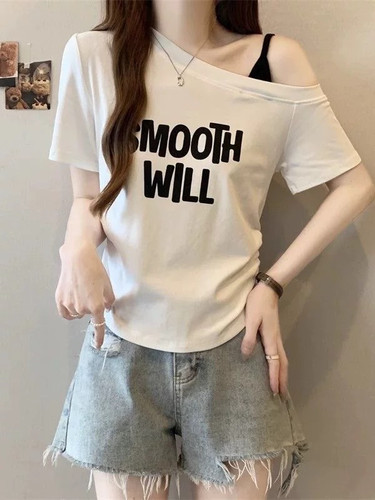 Pmiyc斜肩短袖T恤女显瘦设计