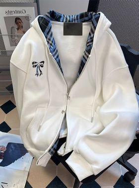 美式复古格子拼接白色连帽卫衣女秋冬慵懒风开衫外套宽松上衣ins