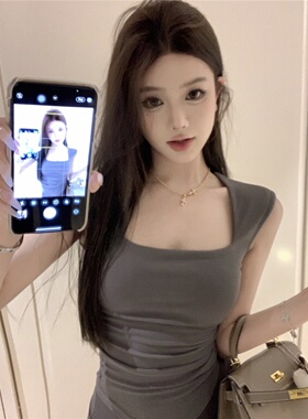 紧身褶皱方领无袖T恤女夏季纯欲风辣妹收腰背心内搭修身上衣ins潮