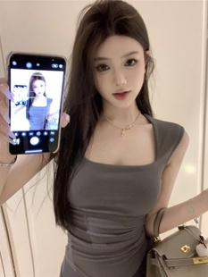 紧身褶皱方领无袖 上衣ins潮 T恤女夏季 纯欲风辣妹收腰背心内搭修身