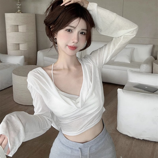 美式辣妹废土风连帽长袖防晒T恤女夏显瘦设计感荡领罩衫薄款上衣