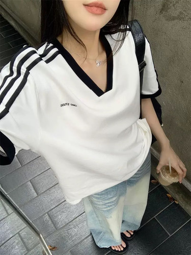 Pmiyc复古撞色V领短袖T恤显瘦