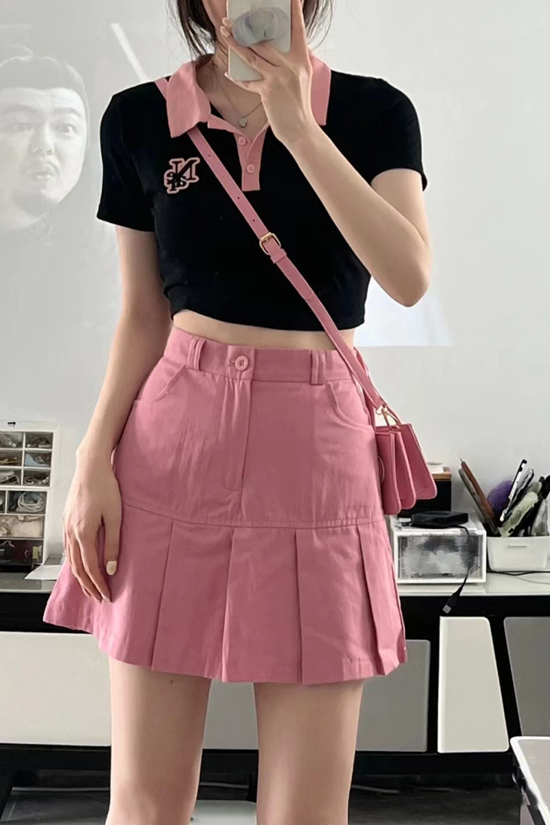 甜辣风后背绑带短袖T恤女别致粉色拼接修身显瘦短款正肩polo上衣