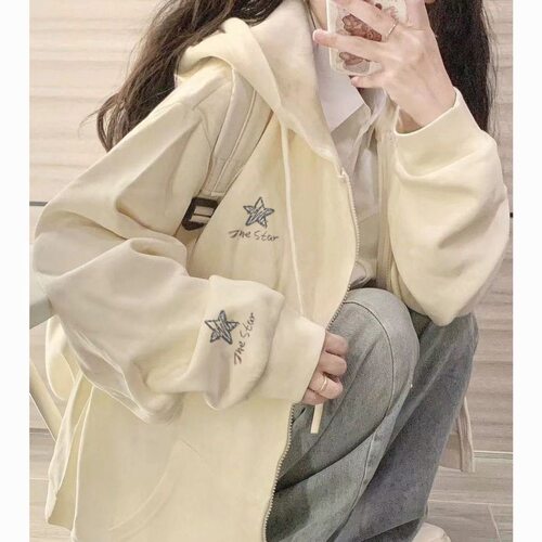 美式复古星星印花连帽卫衣女2025新款秋冬加绒宽松休闲学院风外套