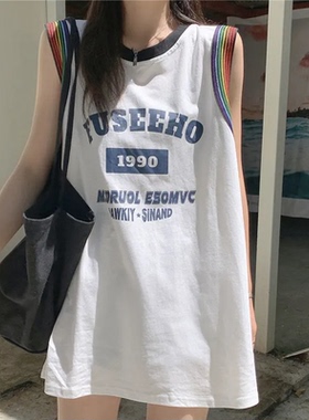 无袖T恤女学生2023夏季球衣外穿篮球服宽松BF风中长款背心裙上衣
