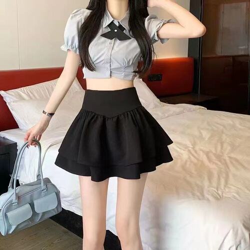 夏季高腰显瘦防走光小黑蛋糕裙