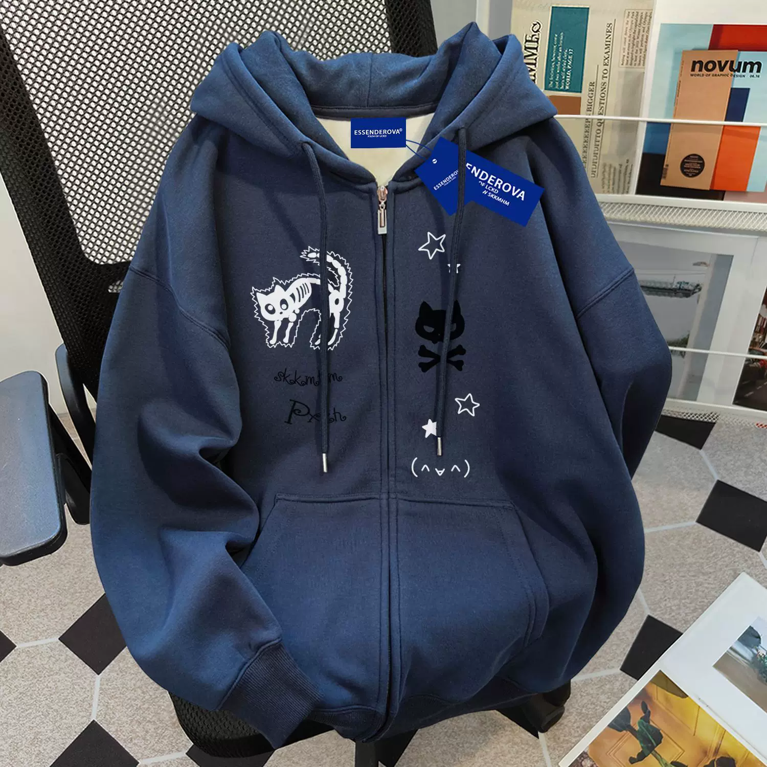 美式复古小众卡通印花连帽卫衣女秋冬新款宽松显瘦百搭开衫外套潮