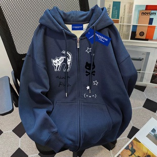 外套潮 宽松显瘦百搭开衫 美式 复古小众卡通印花连帽卫衣女秋冬新款