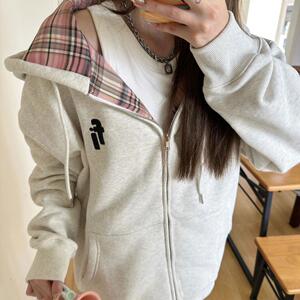美式复古拼接格纹灰色卫衣外套女春秋2024新款oversize拉链开衫潮