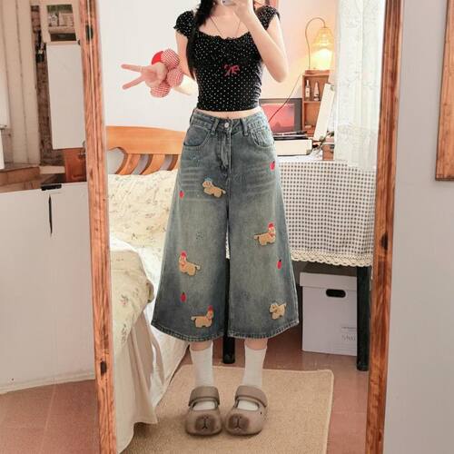 设计感小狗刺绣七分牛仔裤女夏季高腰宽松休闲阔腿裤复古女裤