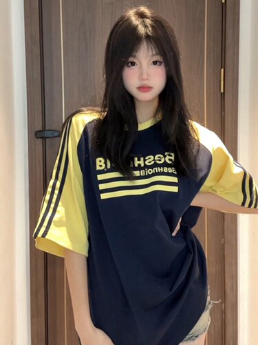 国潮牌三条杠短袖t恤小众宽松