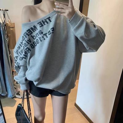 美式辣妹字母印花灰色长袖卫衣女秋冬季设计感慵懒风宽松斜肩上衣