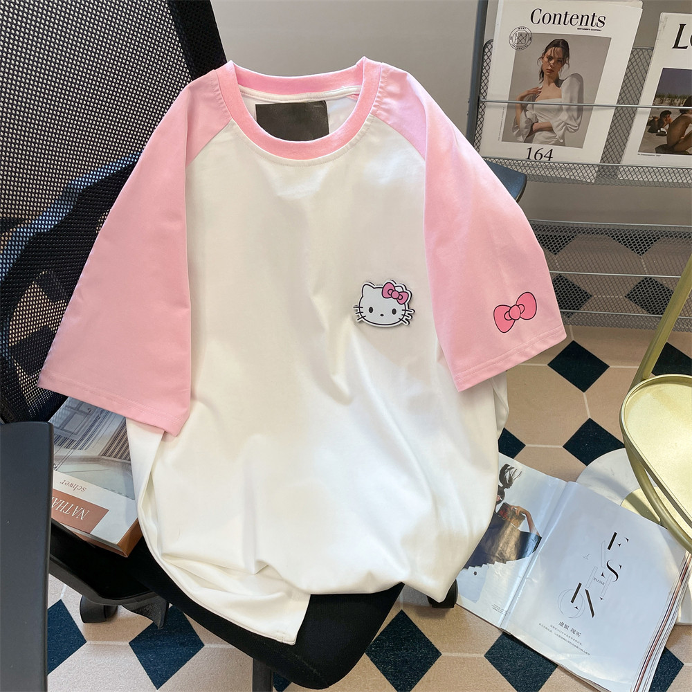 日系可爱哈喽kitty插肩短袖t恤女夏季甜美百搭宽松学院风上衣ins - 实物图