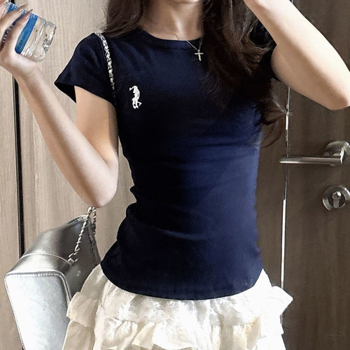 2025夏季新款刺绣T恤短袖T恤设计新款百搭修身短款修身休闲上衣潮