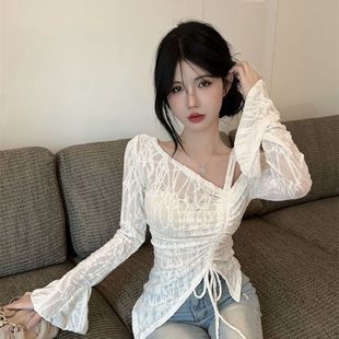韩版 T恤女夏季 2025新款 百搭显瘦V领长袖 ins潮 褶皱收腰修身 蕾丝衫