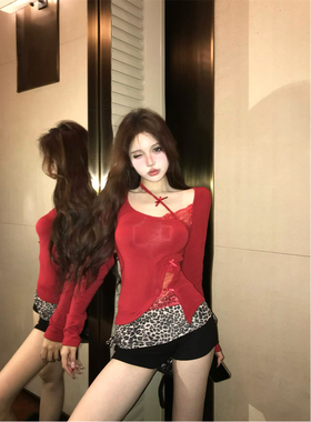 蕾丝拼接红色长袖T恤女设计感修身蝴蝶结性感短款打底镂空上衣潮