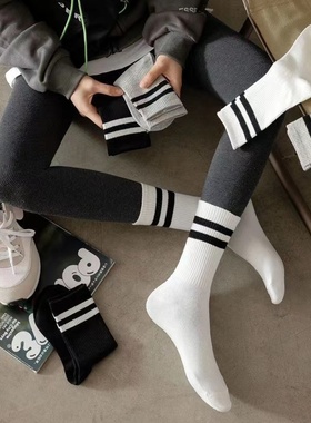 袜子女中筒袜ins潮网红春秋黑色中筒外穿运动款白色长袜配鲨鱼裤