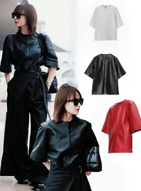 明星博主款真小羊皮中袖宽松慵懒随性中性风男女生同款中袖大T恤