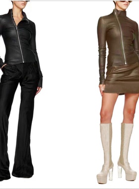 新款进口小羊真皮前拉链长袖半高领女士紧身短款皮衣前卫时尚范儿