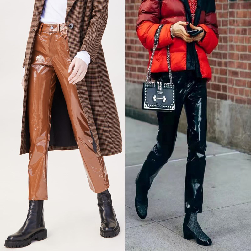 九分裤中腰真皮漆皮直筒裤