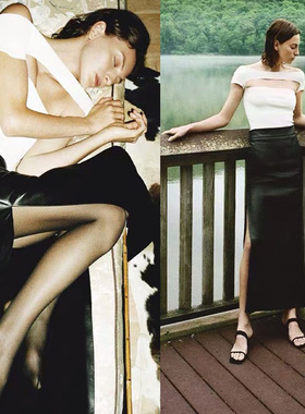 Ms sheep不一样的你简约气质高腰羊皮弹力皮双侧开叉拉链及踝长裙