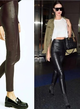 P0065新款明星同款法国植鞣小羊皮高腰紧身打底长鲨鱼裤 黑色暗红