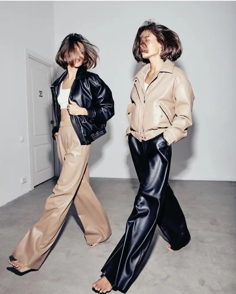 高腰简约风真皮直筒西装裤