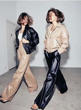 Ms sheep新款高腰女裤羊皮真皮百搭直筒西装裤 驼色卡其色