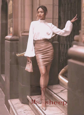 新款真皮羊皮弹力皮裙百搭显瘦高腰紧身皱褶包臀裙 裸色 黑色乳白