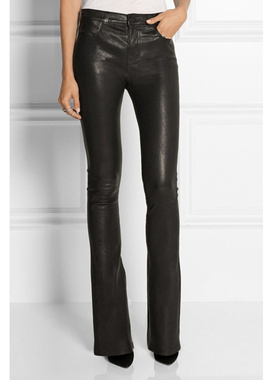 女皮裤长裤法国植鞣弹力皮修身黑色暗红色喇叭裤女休闲裤中腰