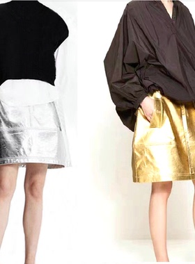 2024新款真皮羊皮面料廓形A裙中短裙半身裙显腿细金色A字裙通勤