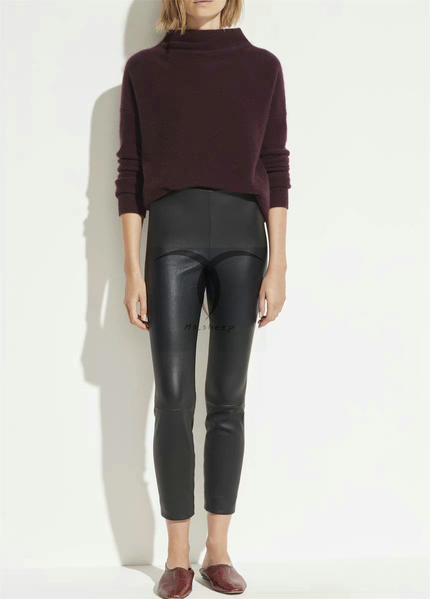 特价促销 进口小羊真皮弹力鲨鱼裤高腰小脚九分铅笔裤前片无缝