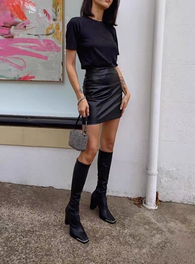 新款 羊皮真皮博主同款女士高腰修身短裙小黑裙  百搭显瘦