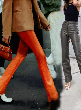 Ms sheep进口弹力皮羊皮 哑光橘色 桔色 灰色高腰紧身直筒裤长裤