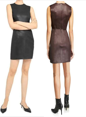 Ms sheep新款名媛风小羊皮无袖连衣裙 黑色 暗红褐色 通勤