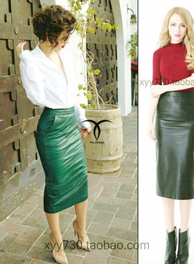 法式简约风新款小羊皮百搭高端优雅半身长裙 绿色 黑色 西装裙