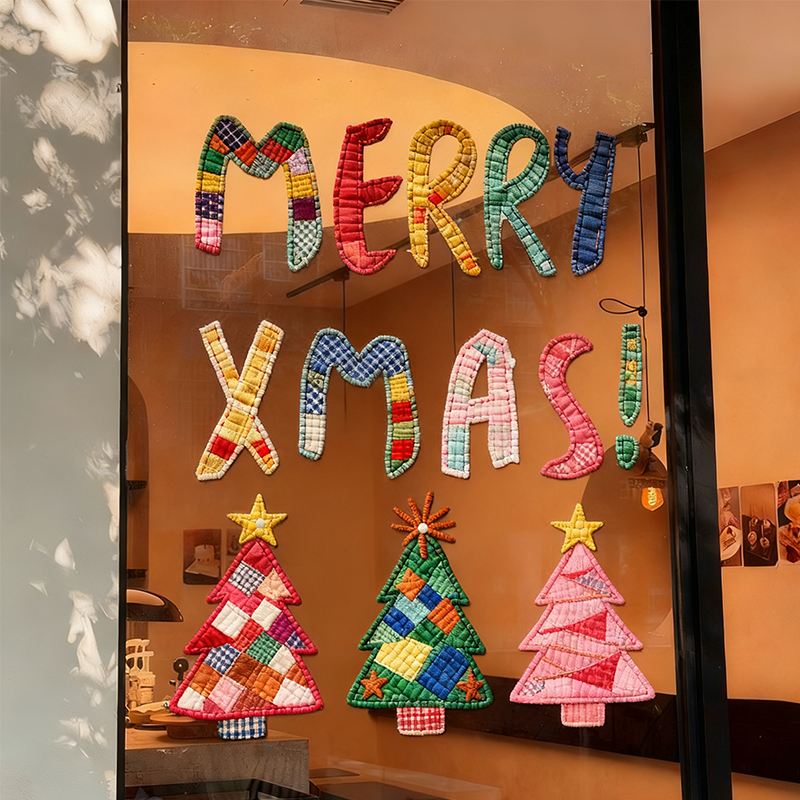 粉色布艺圣诞树贴纸圣诞节静电贴