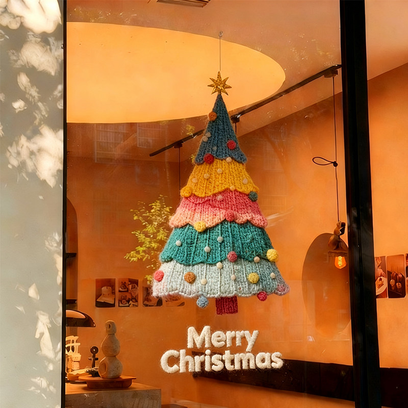 彩色布艺圣诞树贴纸圣诞节静电贴