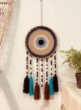 波西米亚恶魔之眼捕梦网手工编织Evil Eye蓝眼睛流苏挂件壁挂墙挂