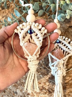 手工编织松石蓝眼睛流苏挂件 evil eye恶魔之眼车挂 圆圈车饰墙挂