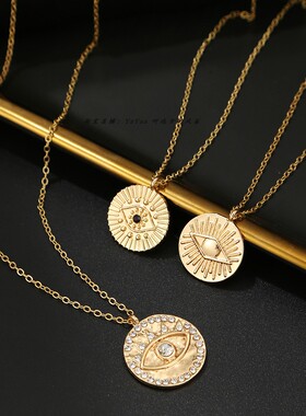 evil eye恶魔之眼圆牌项链颈链 合金锆石蓝眼睛吊坠毛衣链锁骨链