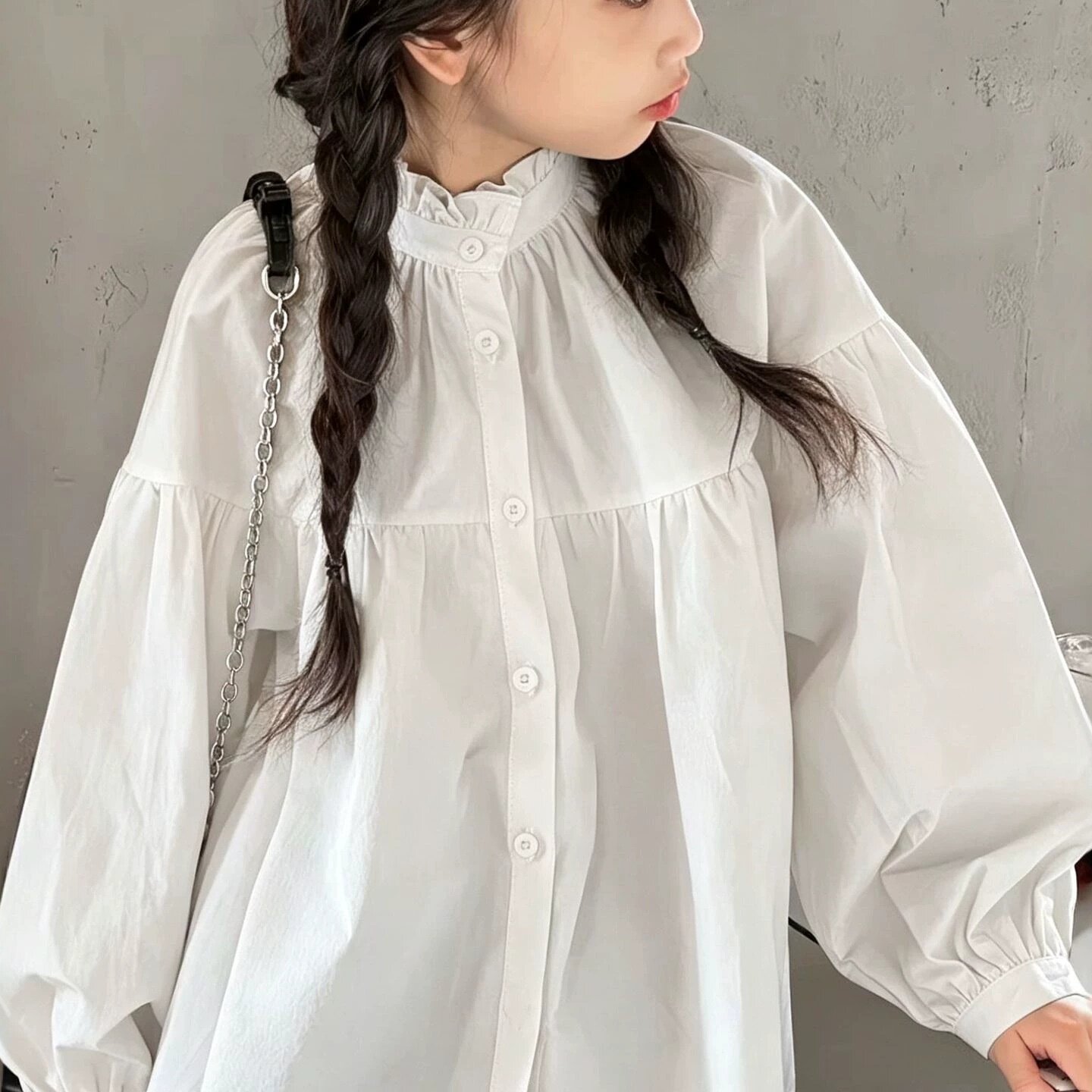 春秋款长袖衬衫纯棉女童娃娃衫中大童洋气花边小立领上衣宽松衬衣