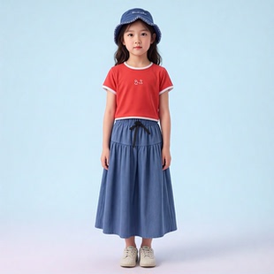 夏季女童时尚裙裤套装牛仔阔腿裤短袖T恤中大童宽松九分裤两件套